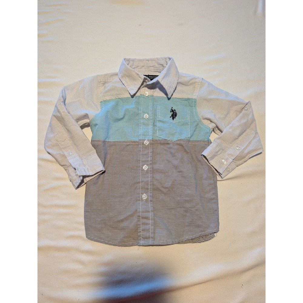 US Polo Assn Boys Long Sleeve Button Down Shirt Colorblock Striped Blue Grey 3/4